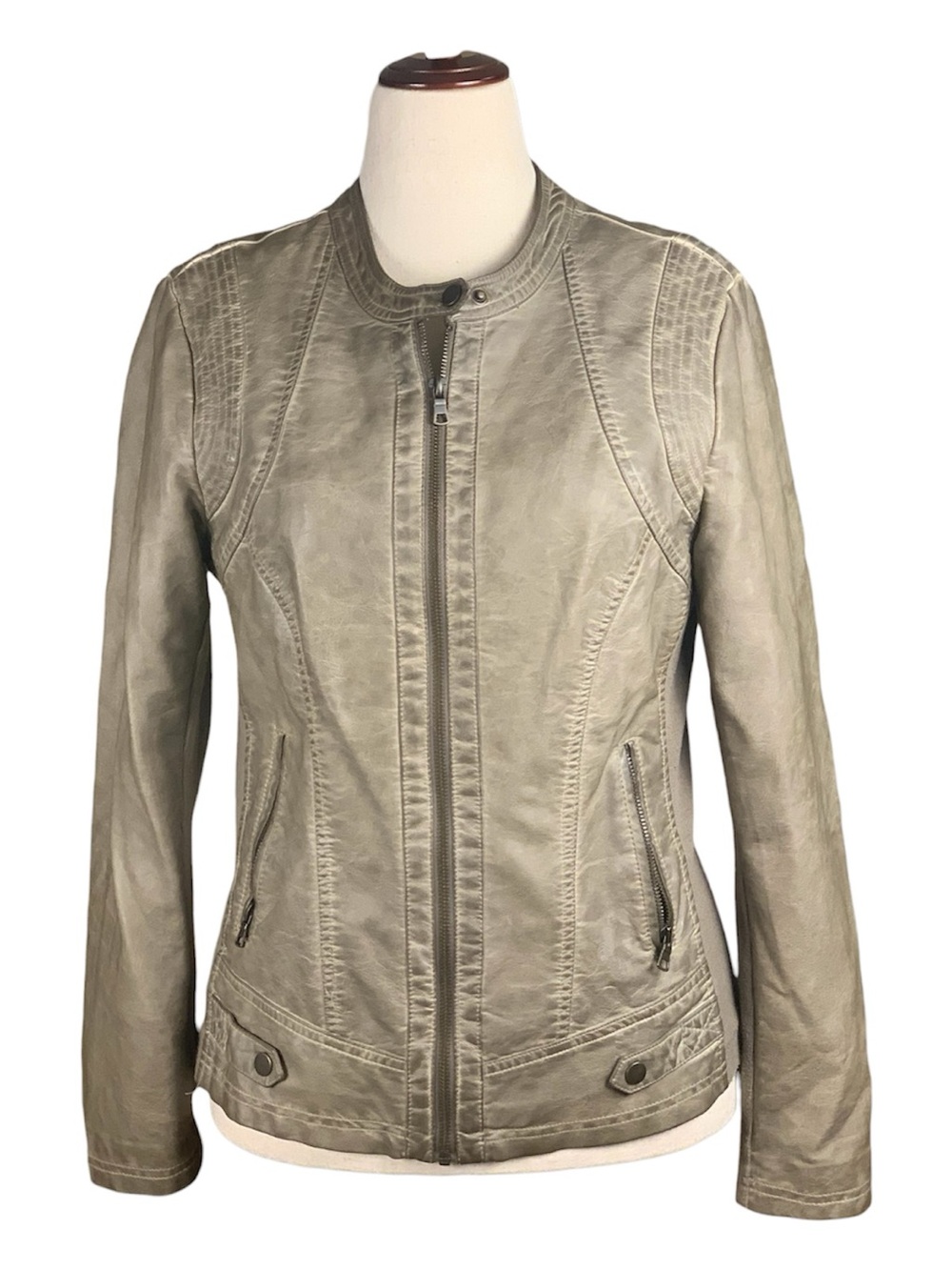 Sebby Women's Pewter Beige Moto Jacket Faux Leather‎ Baddie Biker Style Large